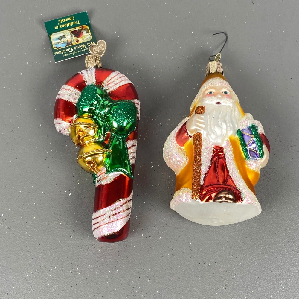 Old World Christmas Glass Holiday Ornaments Candy Cane W/ Bells & Santa Claus